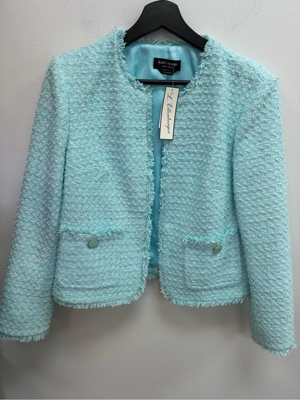 kate spade Womens Aqua Bouclé Fringe Jacket